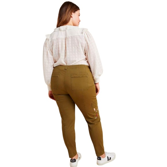 By Anthropologie Size 16W Olive Green Austin Utility Embroidered Pants Granola - Picture 11 of 13